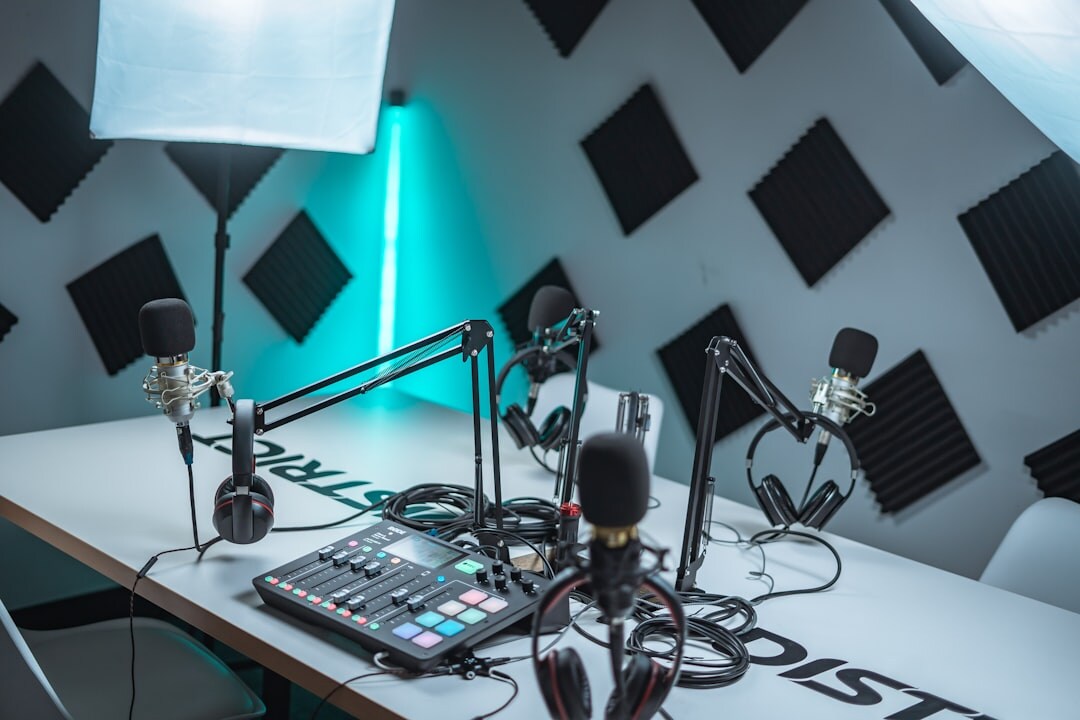 Modern professional radio broadcast studio with microphones and mixing equipment